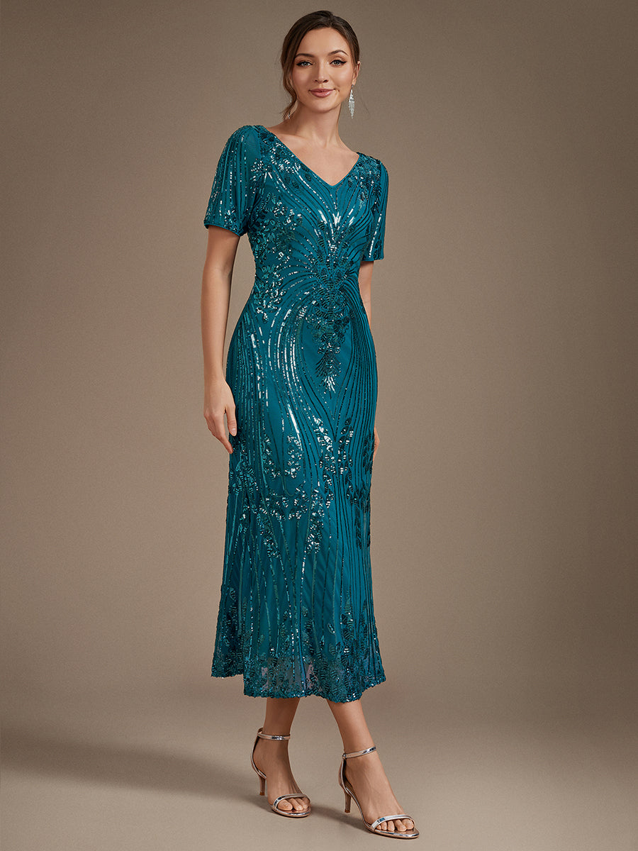 Sequin Fitted Sleeve Mermaid Wedding Guest Dress #color_Teal Blue
