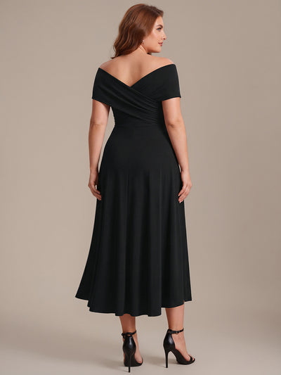 Plus Size Knit Off-the-shoulder Sleeve Wedding Guest Dress #color_Black
