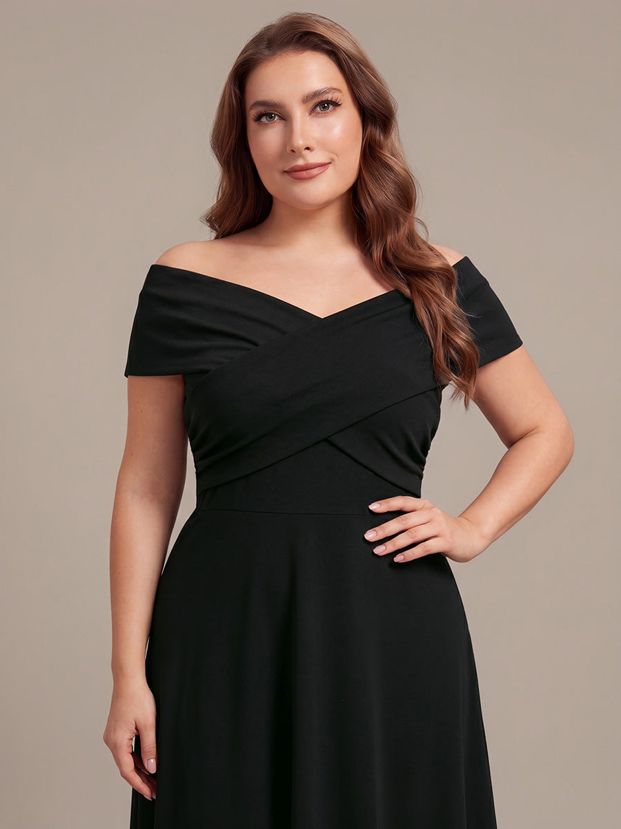 Knit Off-the-shoulder Sleeve A-Line Wedding Guest Dress #color_Black