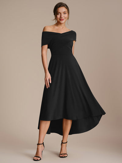 Knit Off-the-shoulder Sleeve A-Line Wedding Guest Dress
