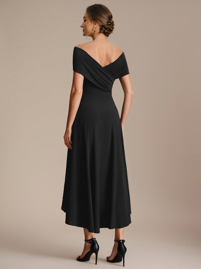 Knit Off-the-shoulder Sleeve A-Line Wedding Guest Dress #color_Black