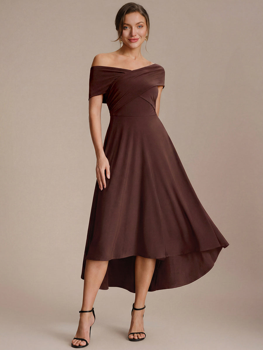 Knit Off-the-shoulder Sleeve A-Line Wedding Guest Dress #color_Chocolate brown