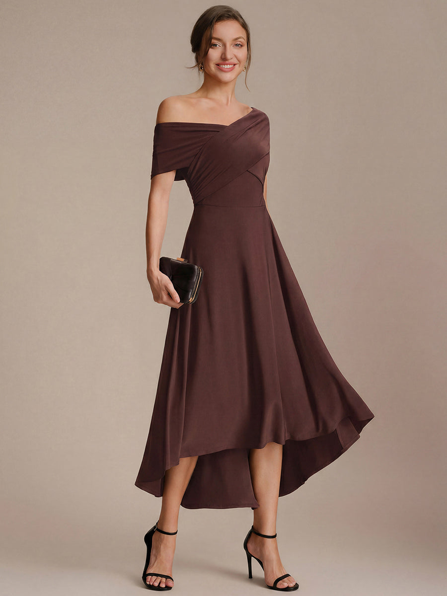 Knit Off-the-shoulder Sleeve A-Line Wedding Guest Dress #color_Chocolate brown