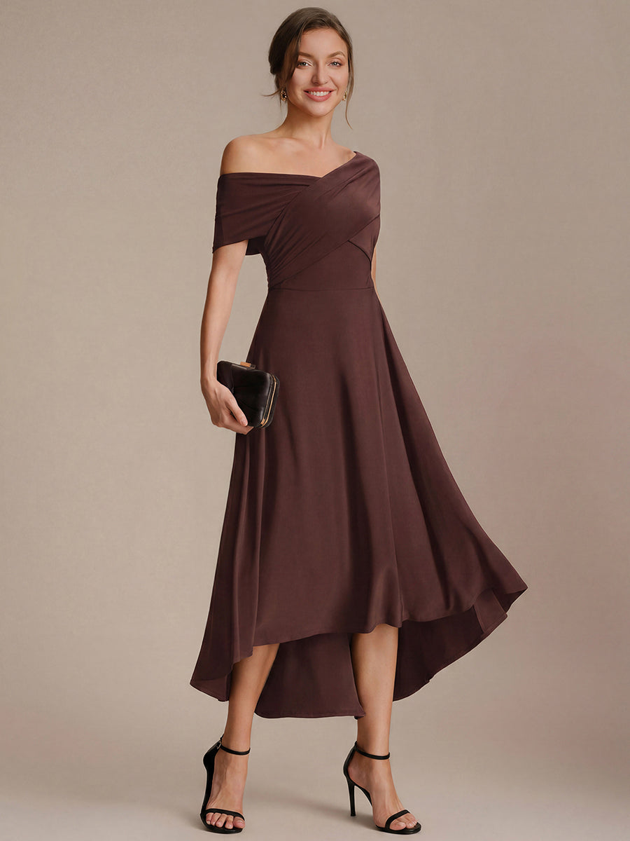Knit Off-the-shoulder Sleeve A-Line Wedding Guest Dress #color_Chocolate brown