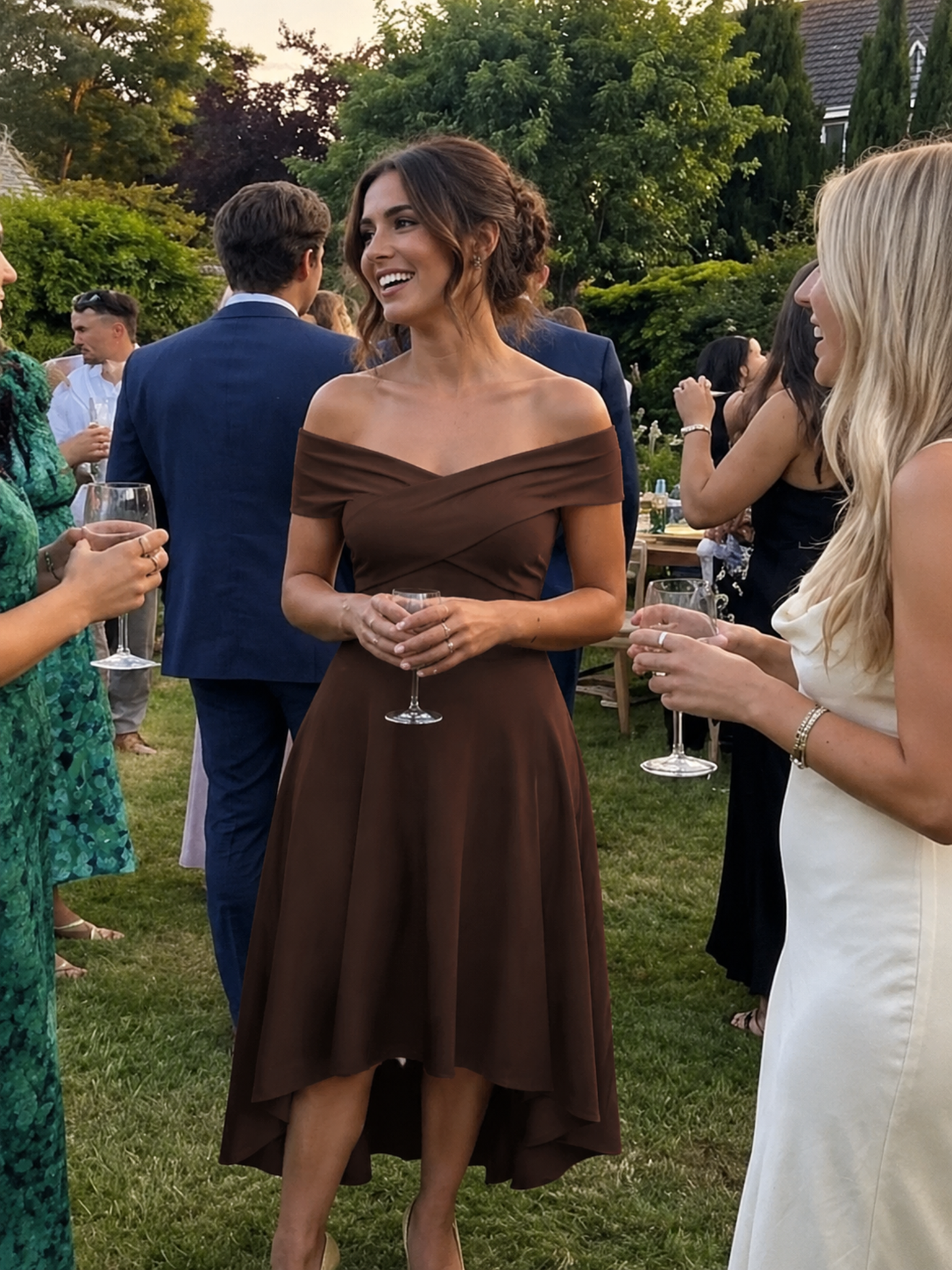 Plus Size Knit Off-the-shoulder Sleeve Wedding Guest Dress #color_Chocolate brown