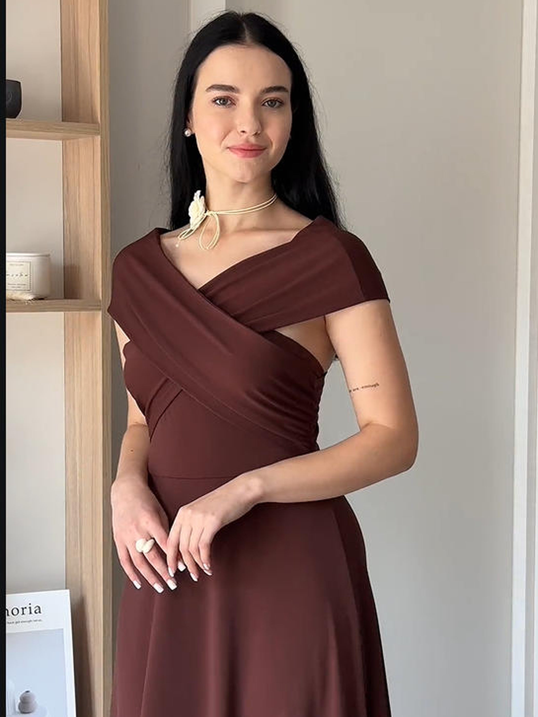 Knit Off-the-shoulder Sleeve A-Line Wedding Guest Dress #color_Chocolate brown