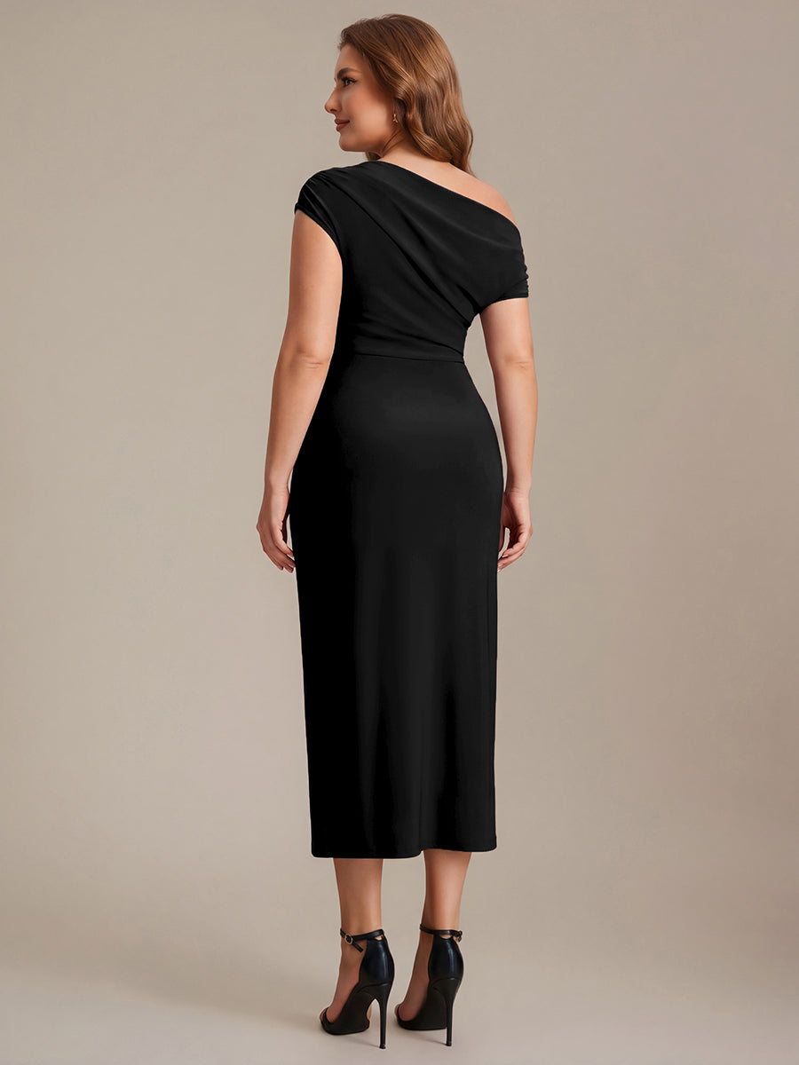 Plus Size Handkerchief Hem Knit Wedding Guest Dress #color_Black