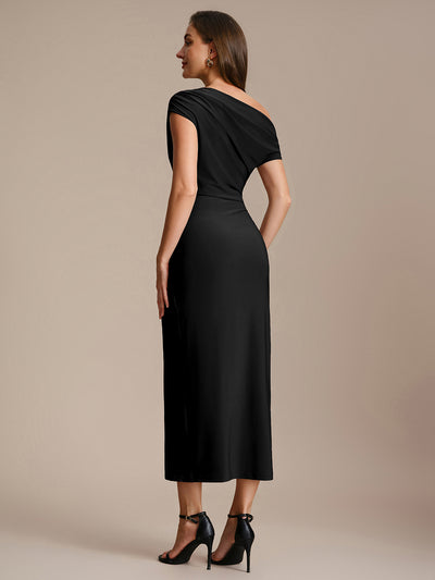 Knit Off-the-shoulder Sleeve Bodycon Wedding Guest Dress #color_Black
