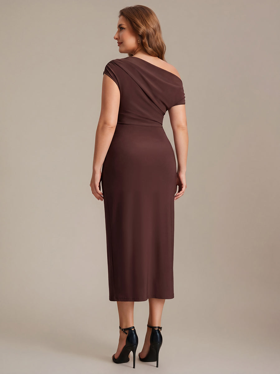 Plus Size Handkerchief Hem Knit Wedding Guest Dress #color_Chocolate Brown