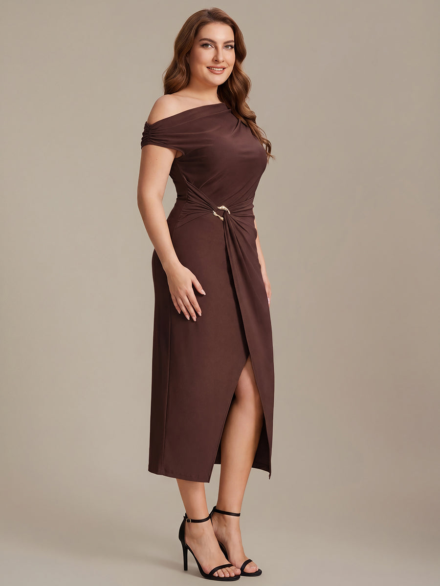 Plus Size Handkerchief Hem Knit Wedding Guest Dress #color_Chocolate Brown
