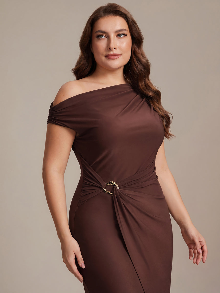 Knit Off-the-shoulder Sleeve Bodycon Wedding Guest Dress #color_Chocolate Brown