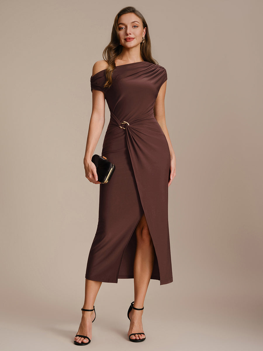 Knit Off-the-shoulder Sleeve Bodycon Wedding Guest Dress #color_Chocolate Brown