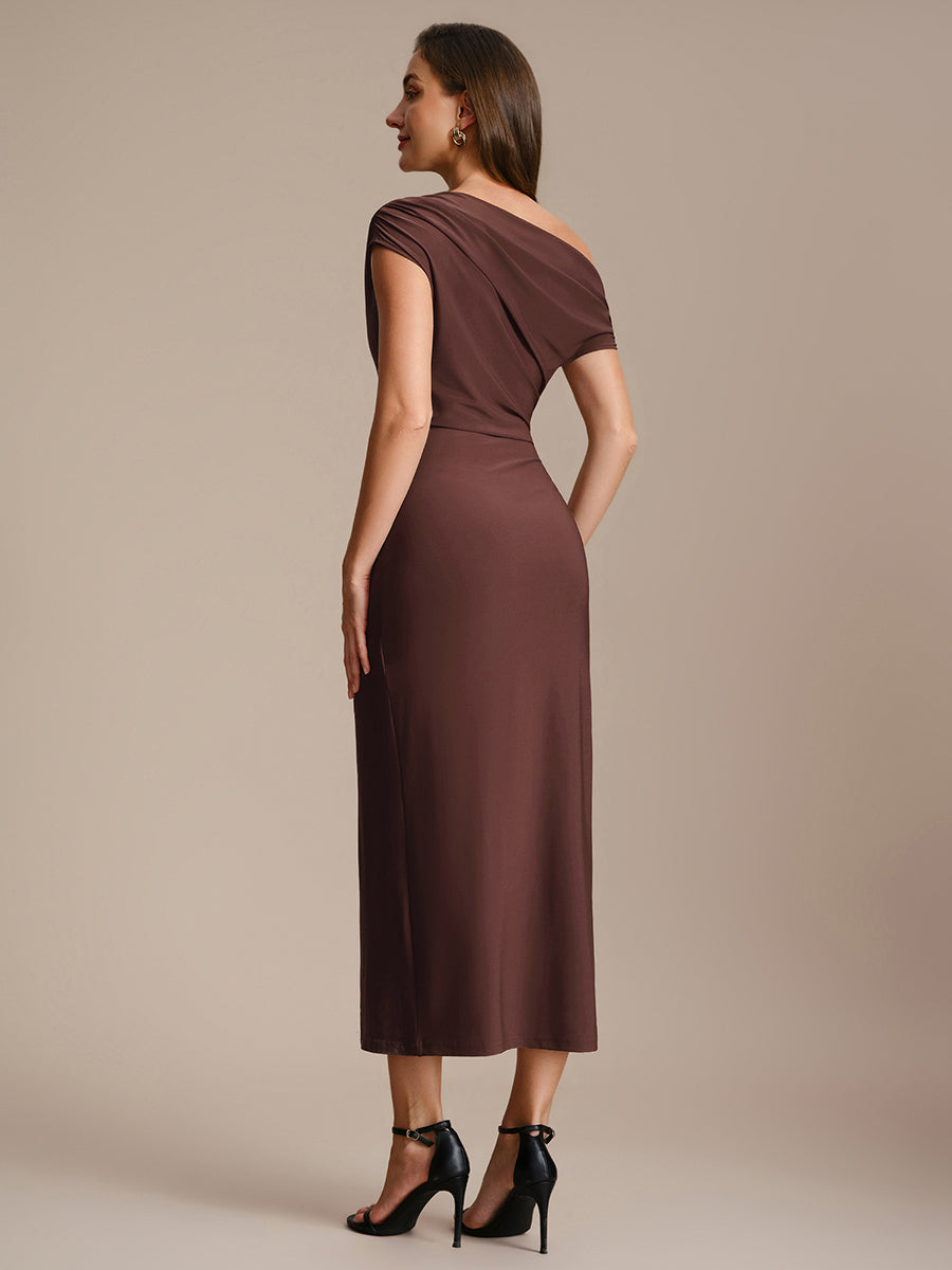 Knit Off-the-shoulder Sleeve Bodycon Wedding Guest Dress #color_Chocolate Brown