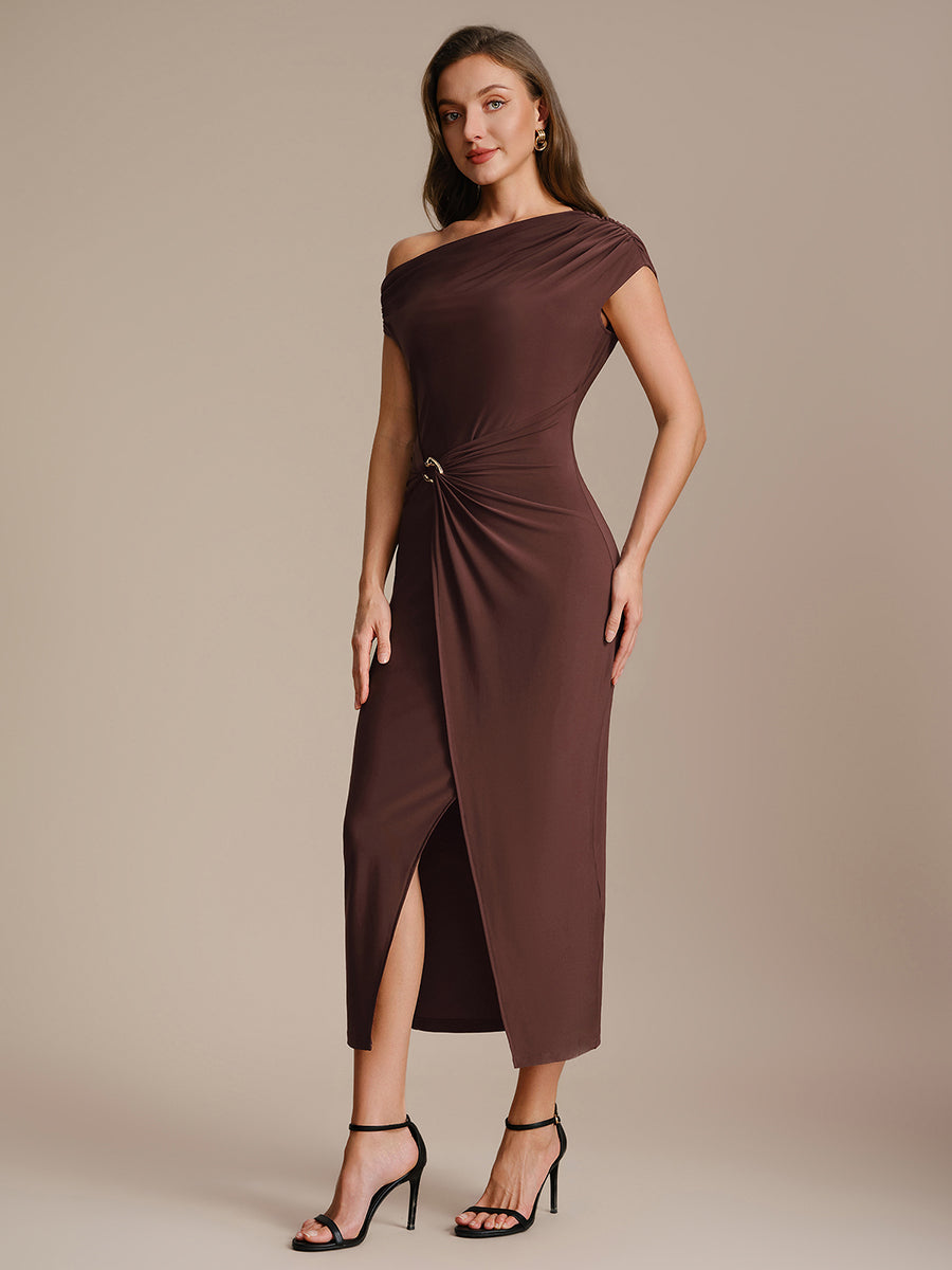 Knit Off-the-shoulder Sleeve Bodycon Wedding Guest Dress #color_Chocolate Brown