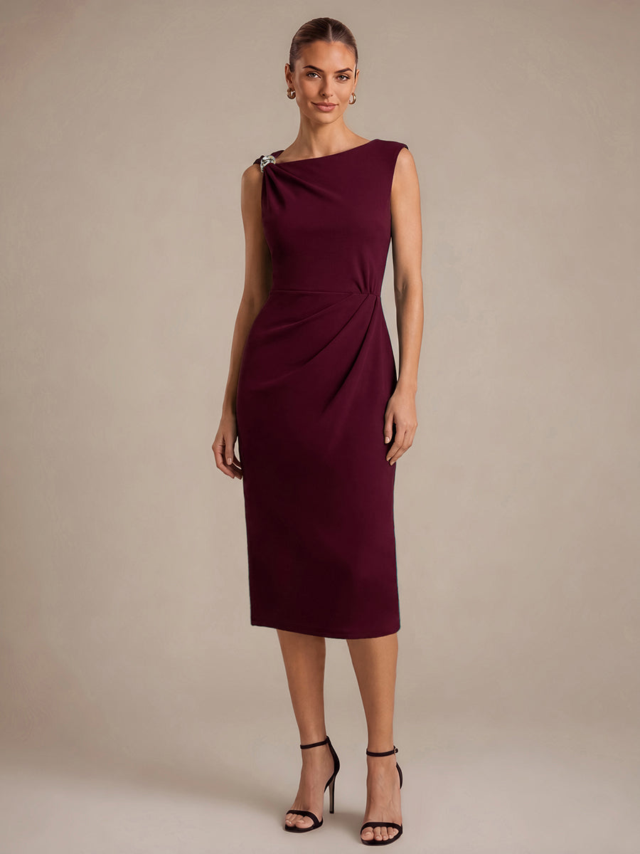 Crepe Sleeveless Sheath Wedding Guest Dress #color_Burgundy