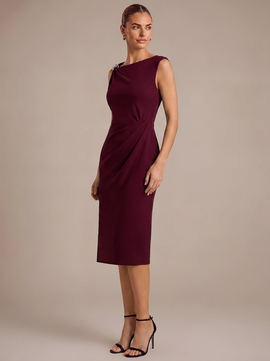 Crepe Sleeveless Sheath Wedding Guest Dress #color_Burgundy