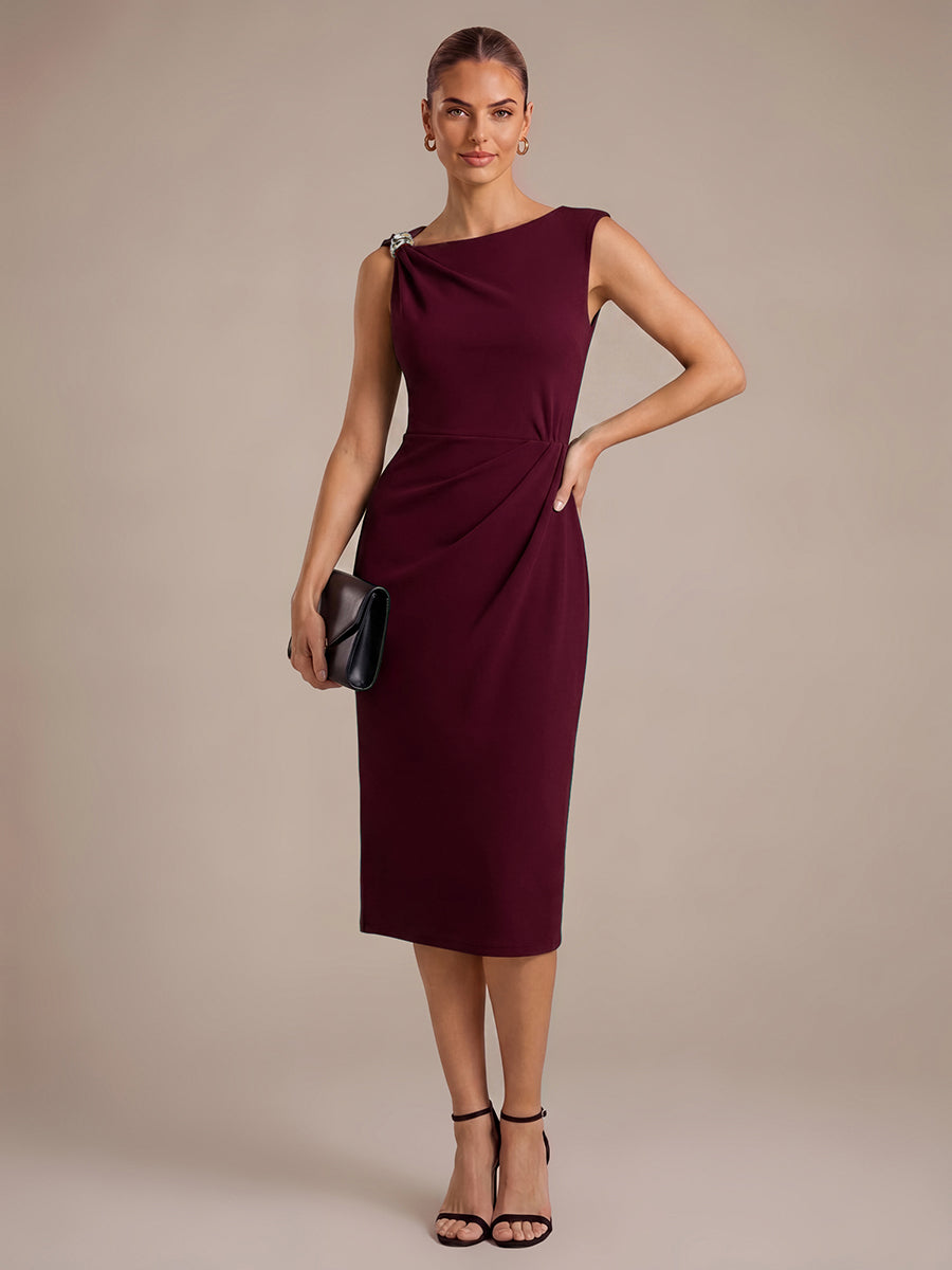 Crepe Sleeveless Sheath Wedding Guest Dress #color_Burgundy