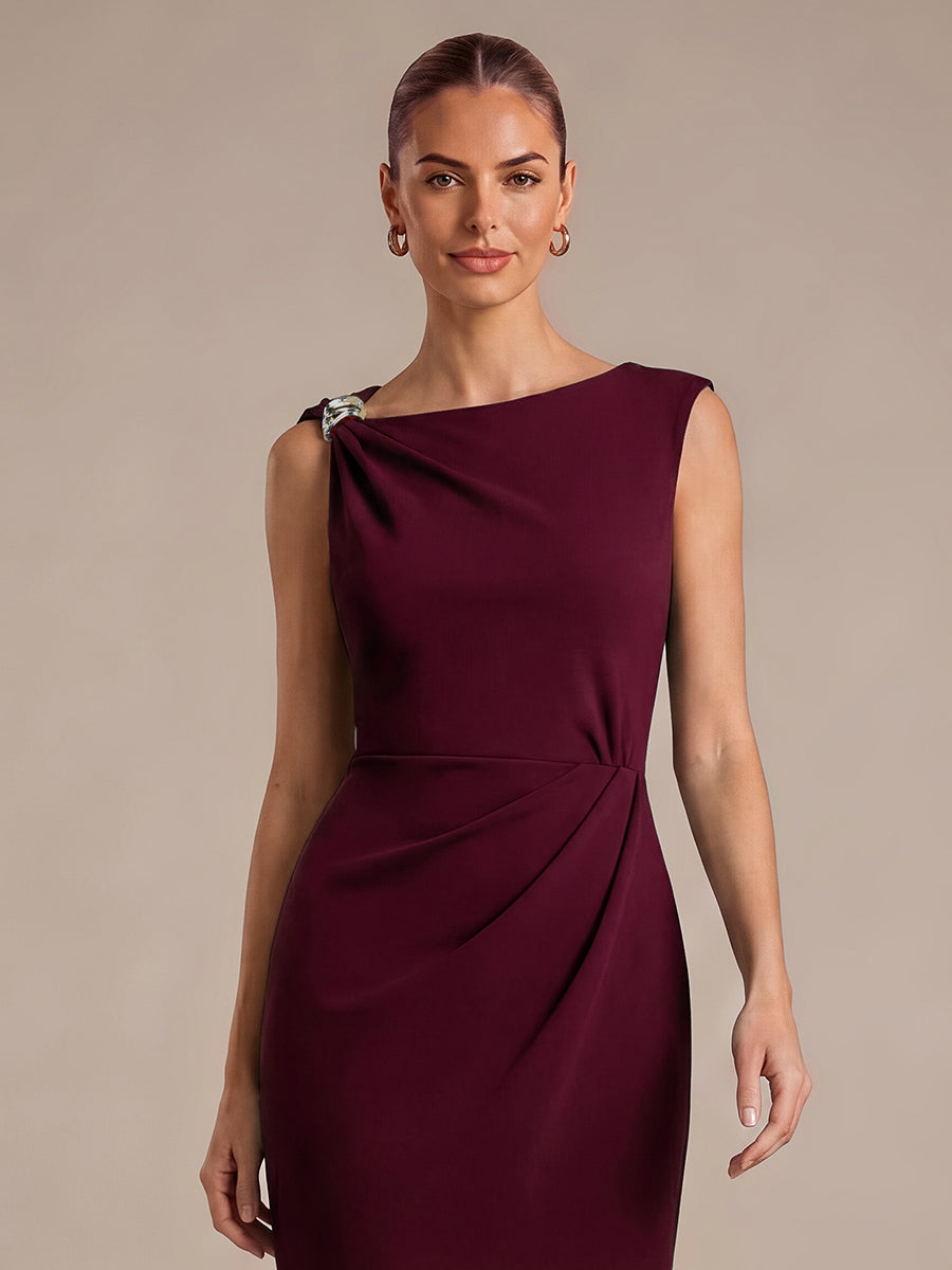 Crepe Sleeveless Sheath Wedding Guest Dress #color_Burgundy