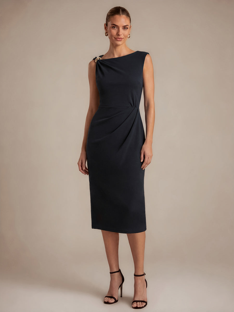 Crepe Sleeveless Sheath Wedding Guest Dress #color_Black