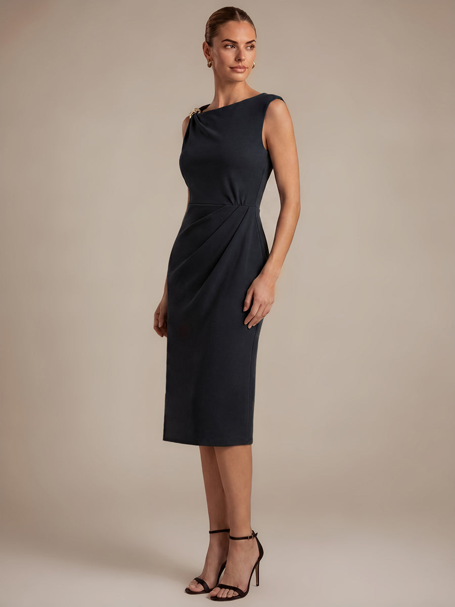 Crepe Sleeveless Sheath Wedding Guest Dress #color_Black