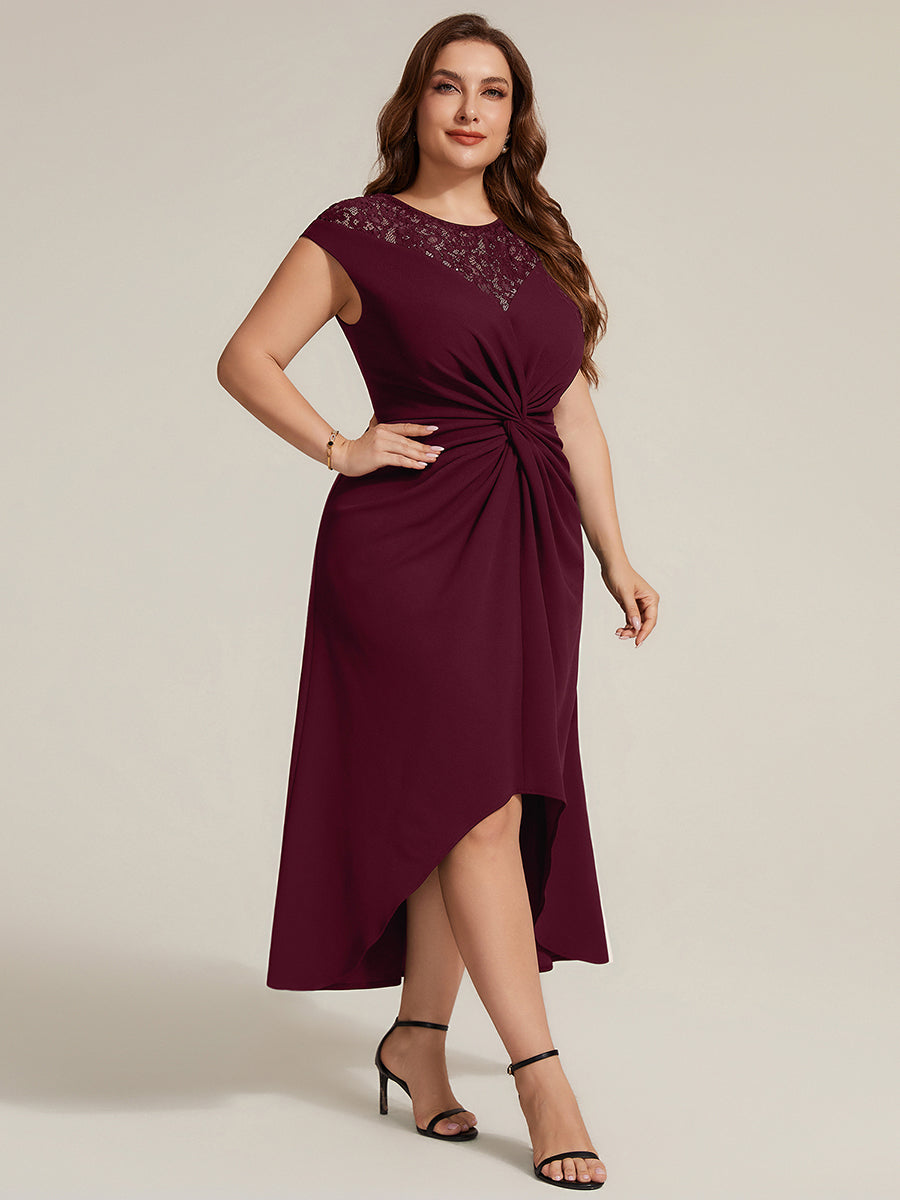 Plus Size Knot Detail High Low Wedding Guest Dress #color_Burgundy