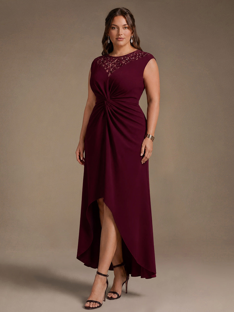 See-through Crepe Cap Sleeve Wedding Guest Dress #color_Burgundy