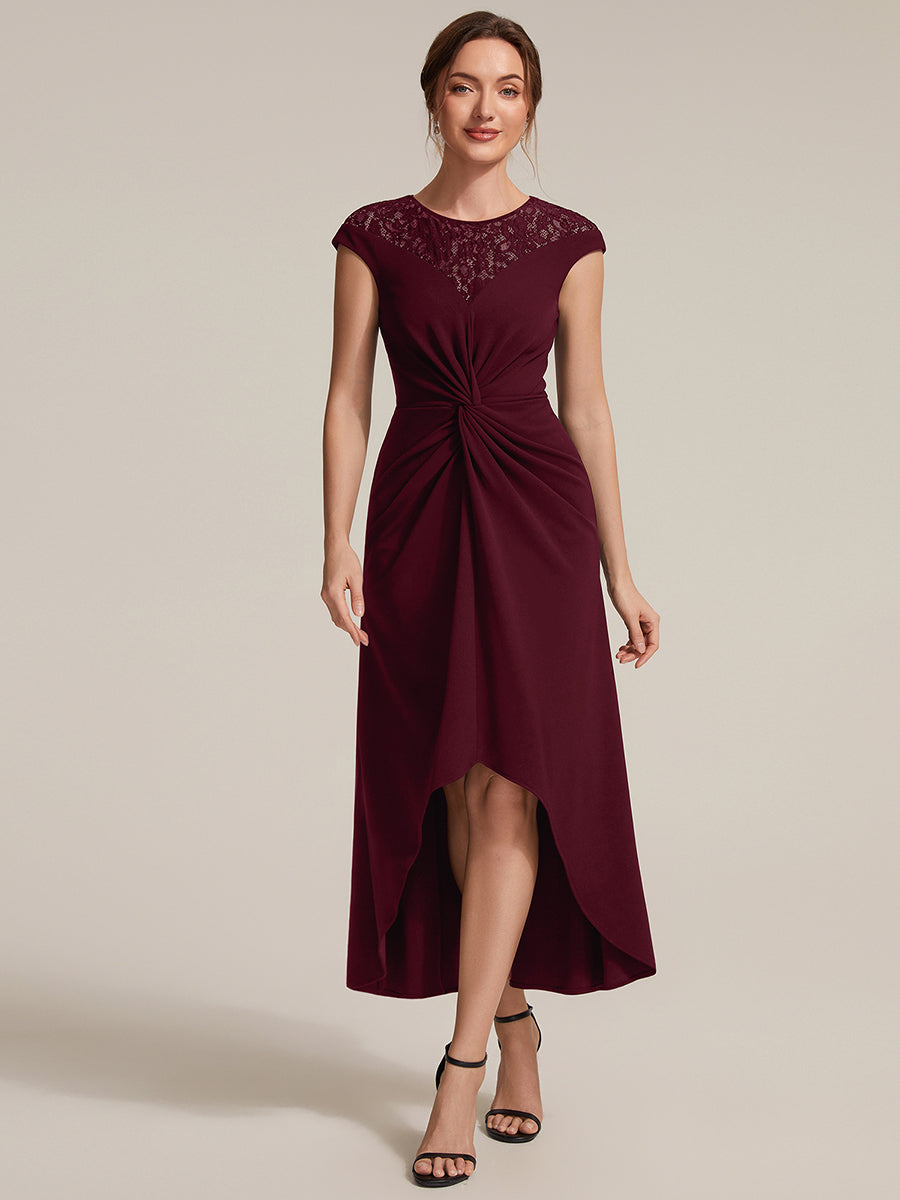 See-through Crepe Cap Sleeve Wedding Guest Dress #color_Burgundy