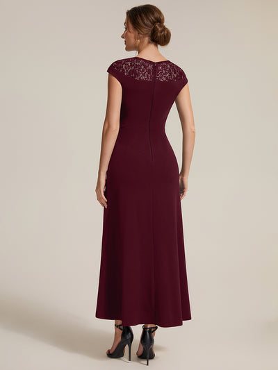 See-through Crepe Cap Sleeve Wedding Guest Dress #color_Burgundy