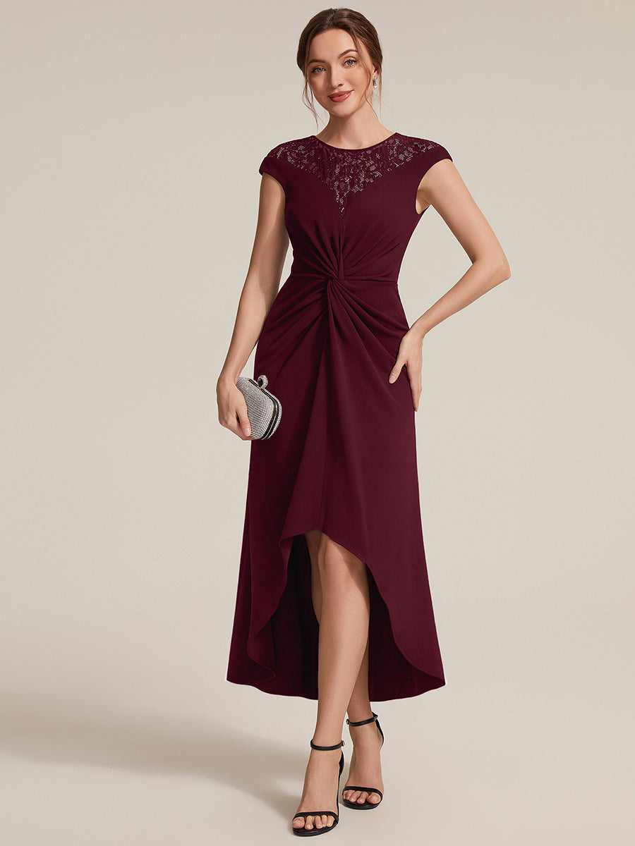 See-through Crepe Cap Sleeve Wedding Guest Dress #color_Burgundy