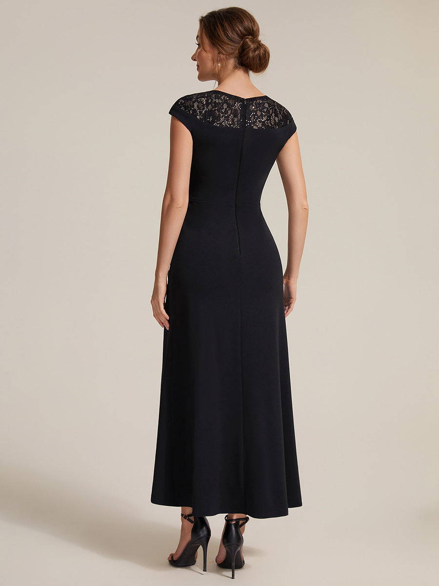 See-through Crepe Cap Sleeve Wedding Guest Dress #color_Black