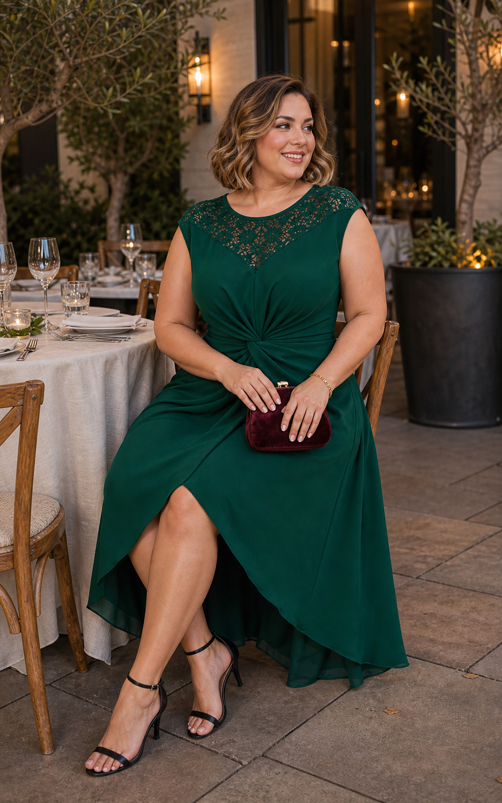 Plus Size Knot Detail High Low Wedding Guest Dress #color_Dark Green
