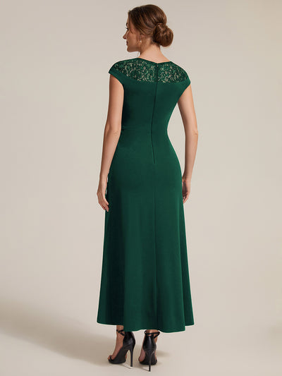 See-through Crepe Cap Sleeve Wedding Guest Dress #color_Dark Green
