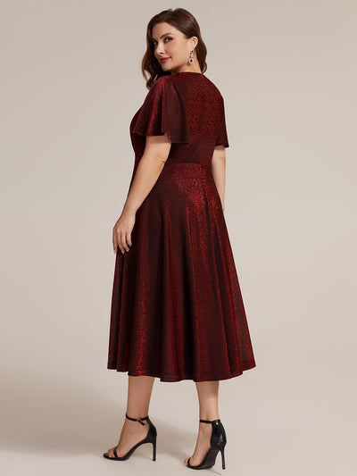 Plus Size Knit Fitted Sleeve Wedding Guest Dress #color_Burgundy
