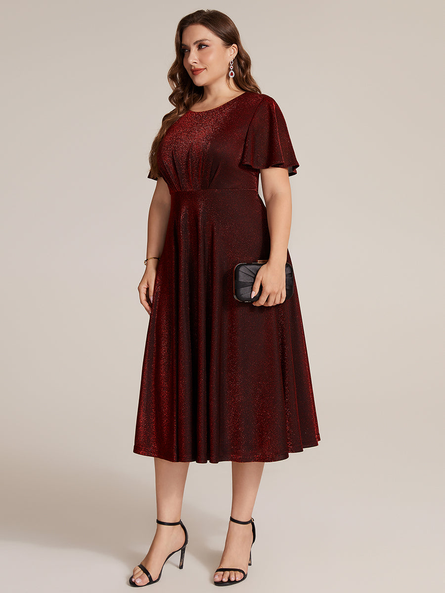 Knit Glitter Ruffles Sleeve A-Line Wedding Guest Dress #color_Burgundy