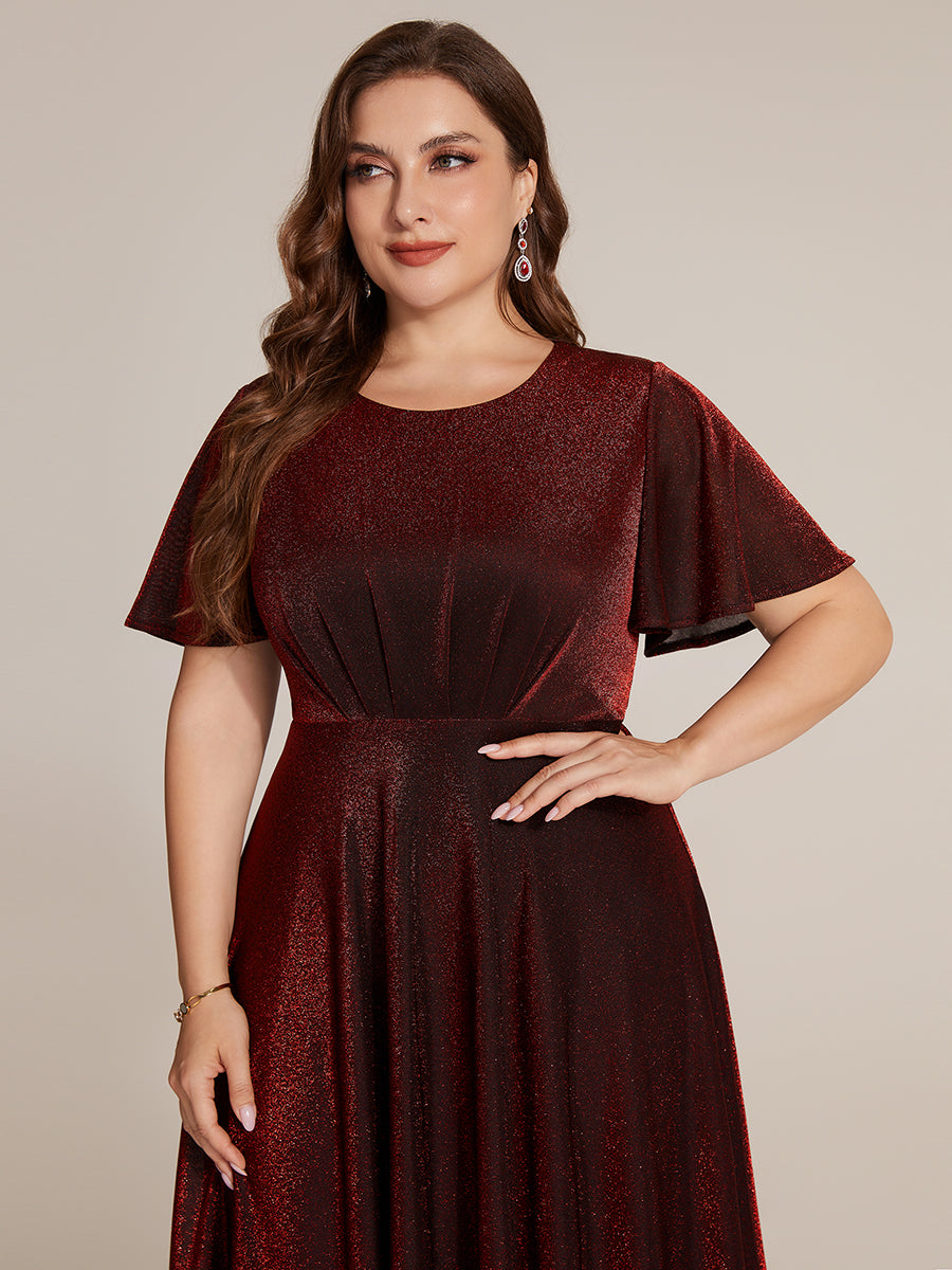 Knit Glitter Ruffles Sleeve A-Line Wedding Guest Dress #color_Burgundy