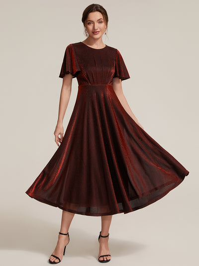 Knit Glitter Ruffles Sleeve A-Line Wedding Guest Dress
