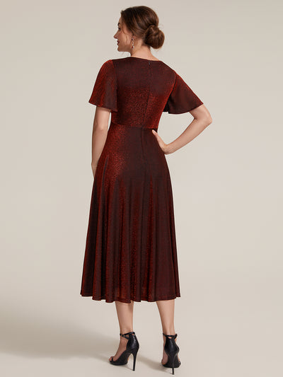 Knit Glitter Ruffles Sleeve A-Line Wedding Guest Dress #color_Burgundy