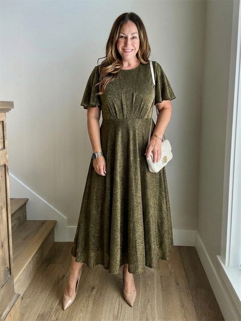 Knit Glitter Ruffles Sleeve A-Line Wedding Guest Dress #color_Metallic Gold