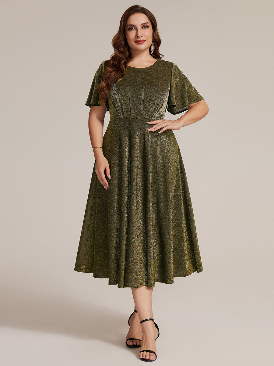 Knit Glitter Ruffles Sleeve A-Line Wedding Guest Dress #color_Metallic Gold
