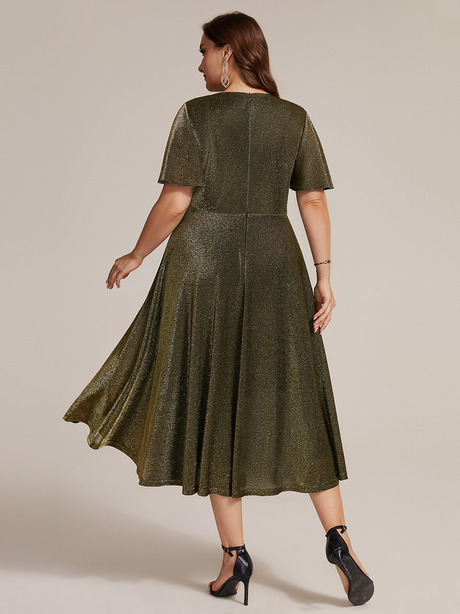 Plus Size Knit Fitted Sleeve Wedding Guest Dress #color_Metallic Gold