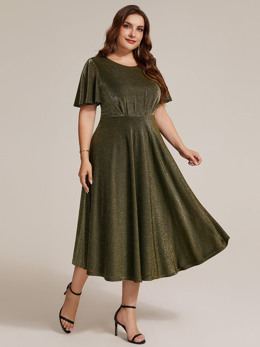 Plus Size Knit Fitted Sleeve Wedding Guest Dress #color_Metallic Gold