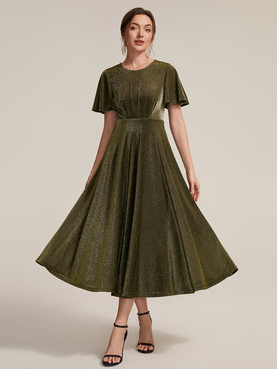 Knit Glitter Ruffles Sleeve A-Line Wedding Guest Dress
