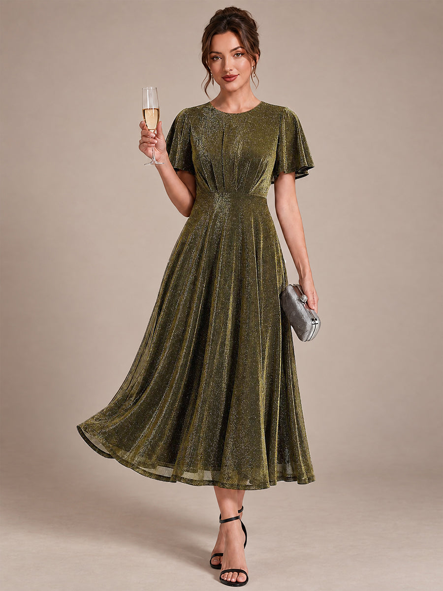 Knit Glitter Ruffles Sleeve A-Line Wedding Guest Dress #color_Metallic Gold