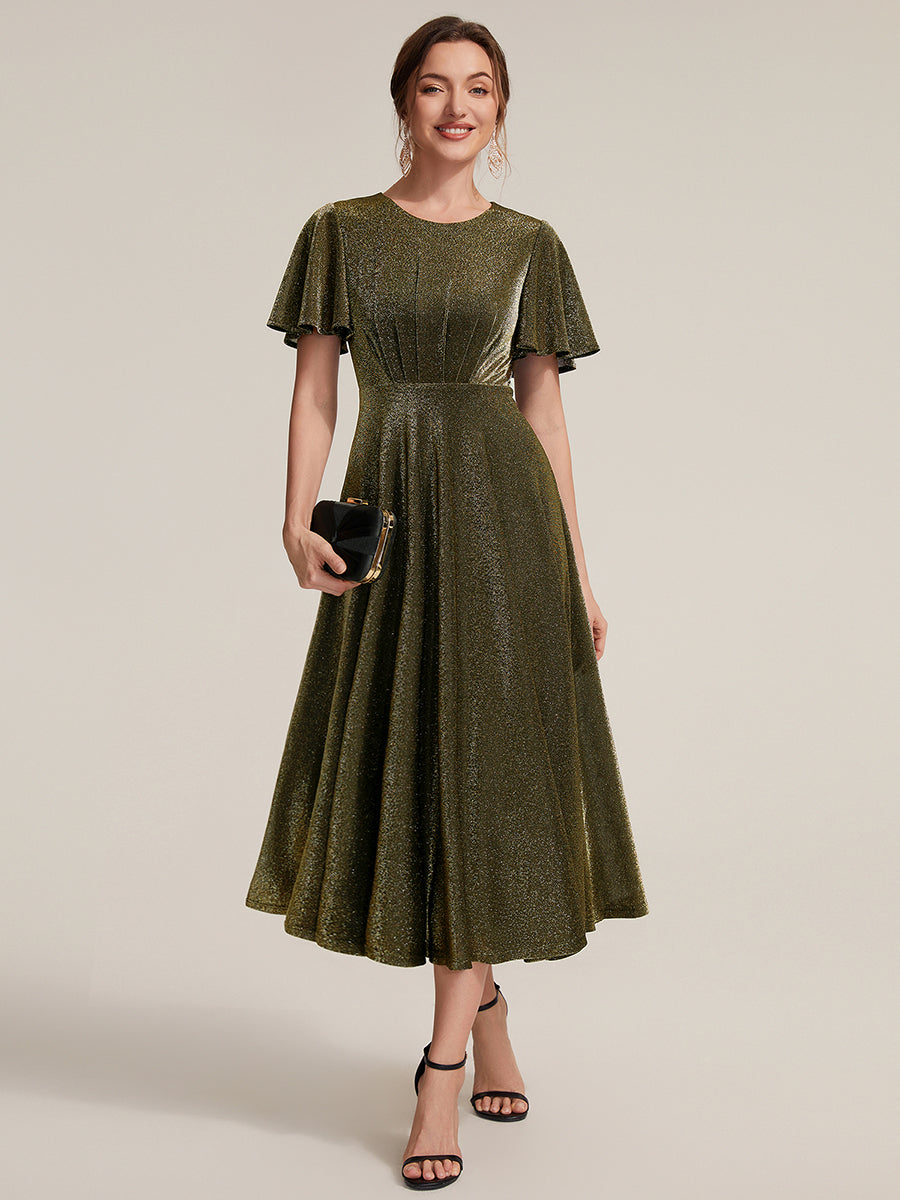 Knit Glitter Ruffles Sleeve A-Line Wedding Guest Dress #color_Metallic Gold