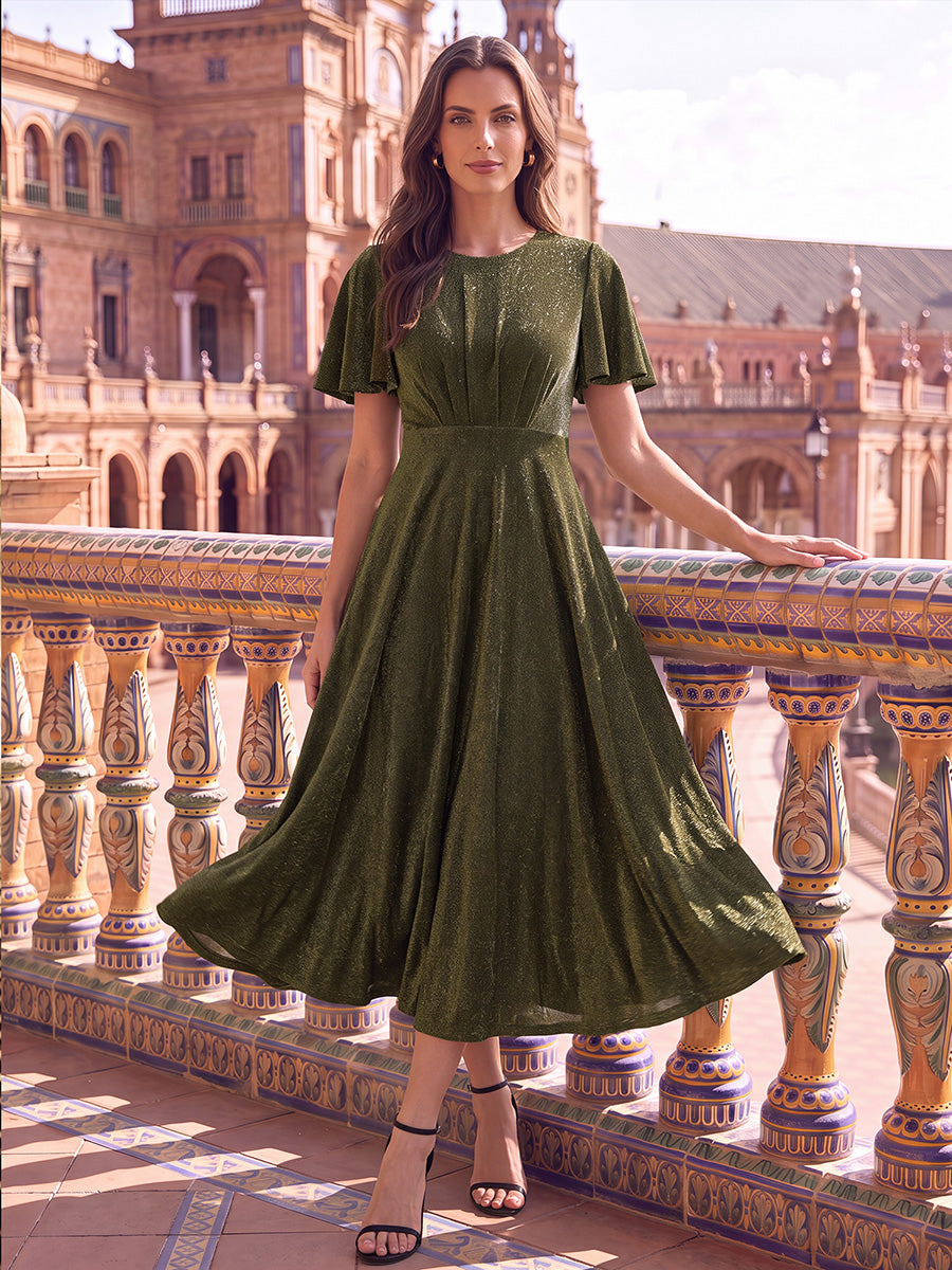 Knit Glitter Ruffles Sleeve A-Line Wedding Guest Dress #color_Metallic Gold