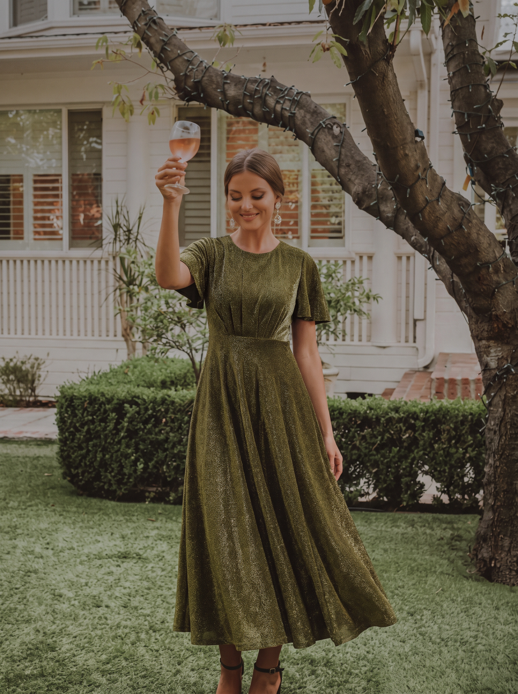 Knit Glitter Ruffles Sleeve A-Line Wedding Guest Dress #color_Metallic Gold