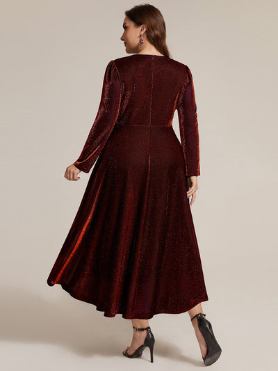 Plus Size Knot Detail Glitter Long Sleeve Wedding Guest Dress #color_Burgundy