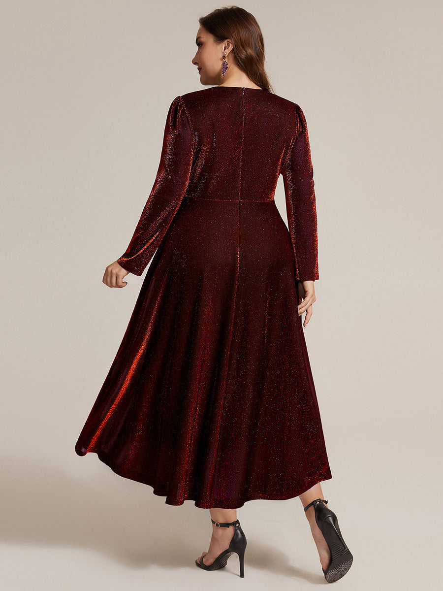Plus Size Knot Detail Glitter Long Sleeve Wedding Guest Dress #color_Burgundy