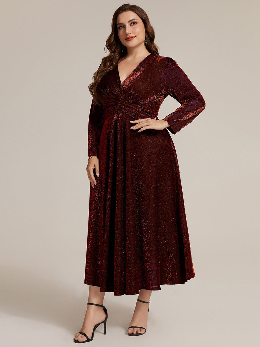 Plus Size Knot Detail Glitter Long Sleeve Wedding Guest Dress #color_Burgundy