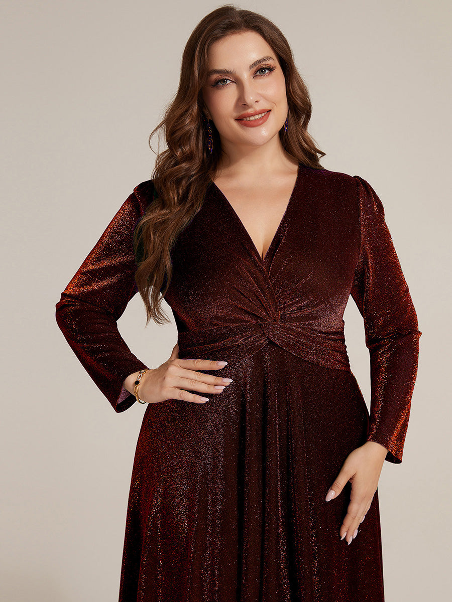 Plus Size Knot Detail Glitter Long Sleeve Wedding Guest Dress #color_Burgundy
